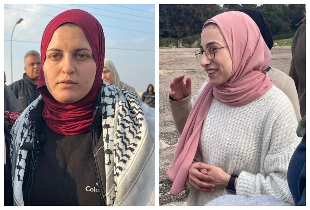 الأسيرتان ياسمين جابر من القدس ودينا جرادات من جنين لحظة الإفراج عنهما من معتقلات الاحتلال اليوم الجمعة