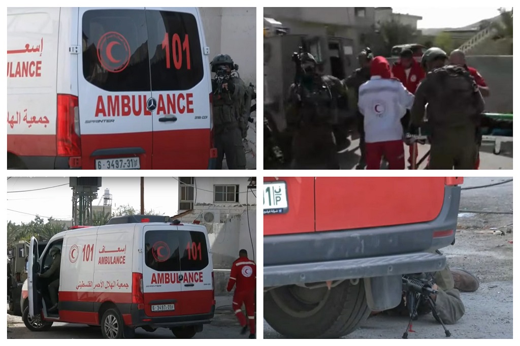 صور مركبة من انتهاكات قوات الاحتلال الإسرائيلي لطواقم الهلال الأحمر الفلسطيني في مخيم عقبة جبر