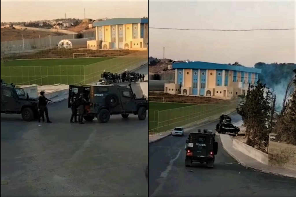 صورة مركبة من إطلاق جنود الاحتلال الإسرائيلي لقنابل الغاز السام المسيل للدموع بكثافة صوب حرم جامعة القدس في أبو ديس شرق القدس المحتلة