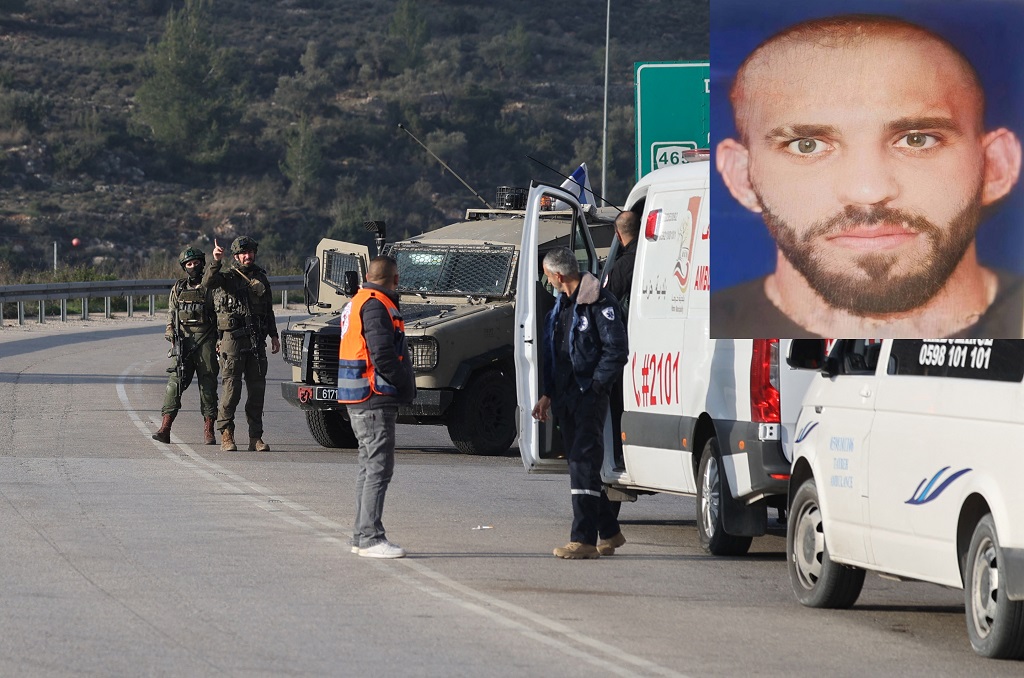 قوات الاحتلال الإسرائيلي تعترض عمل طواقم الإسعاف عقب إطلاق النار على الشاب عميد جيوسي (صورته في الإطار) والذي أعلن عن استشهاده متأثرا بإصابته (أ ف ب)