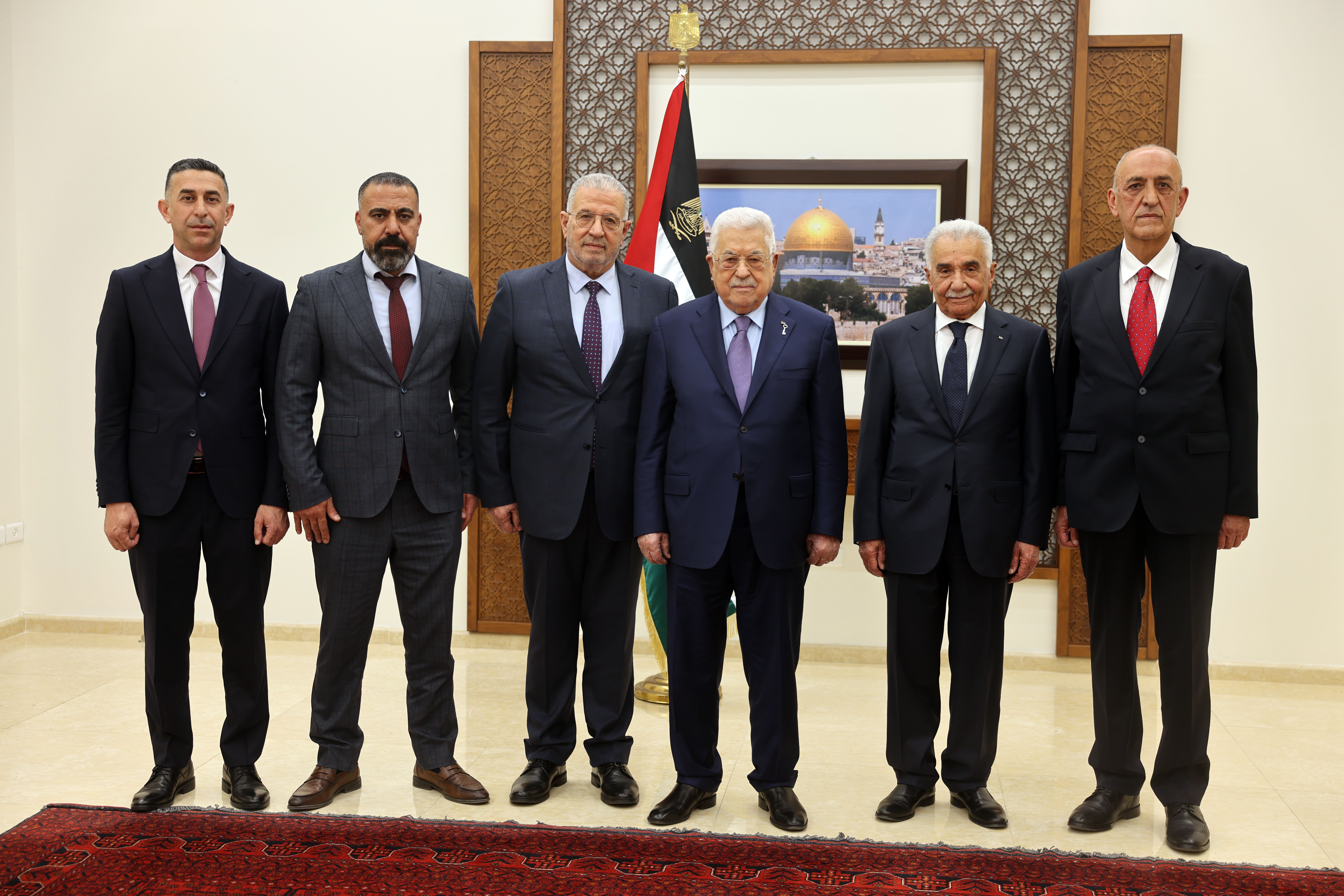 القضاة: علي مهنا وغسان فرمند وعبد الرؤوف السناوي وبشار دراغمة يؤدون اليمين القانونية أمام الرئيس قضاة في المحكمة الدستورية العليا (تصوير: ثائر غنايم)