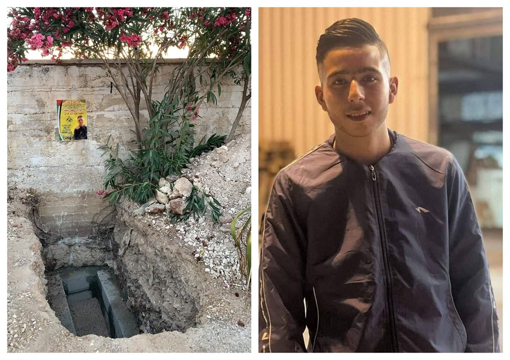 الشهيد الفتى محمد عبد الله حامد والقبر الذي تم تجهيزه في مقبرة شهداء سلواد لمواراة جثمانه، منذ استشهاده يوم السبت الماضي